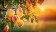 Fruit farm with peach trees. Branch with natural peaches on blurred background of orchard in golden hour. Concept organic, local, season fruits and harvesting. Generative ai