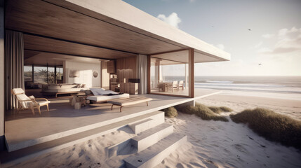 Minimalistic contemporary modern beach house. Generative AI