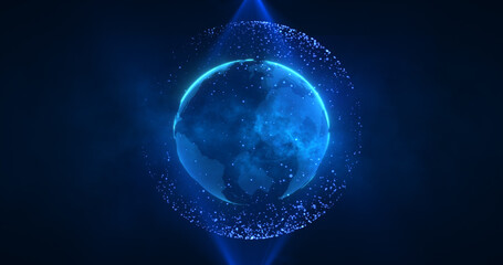 Abstract blue planet earth spinning with futuristic high-tech particles bright glowing magical energy, abstract background