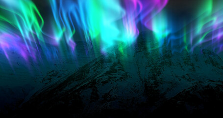 the abstract background of the multi -colored northern lights and mountains in the north, a bright i
