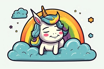 Wall Mural - cute unicorn sitting on a fluffy cloud with a colorful rainbow in the background. Generative AI