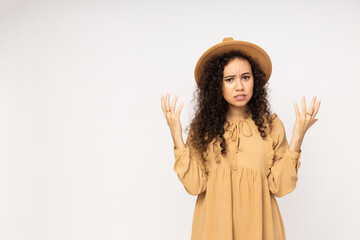 Wall Mural - Young woman in dress on white background