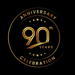 90th Anniversary. Anniversary logo design with gold color ring and text for anniversary celebration events. Logo Vector Template