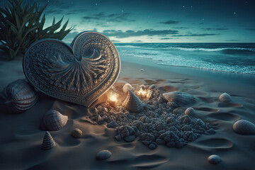 Canvas Print - beach at night with lights, heart made of sand. Generative AI image.