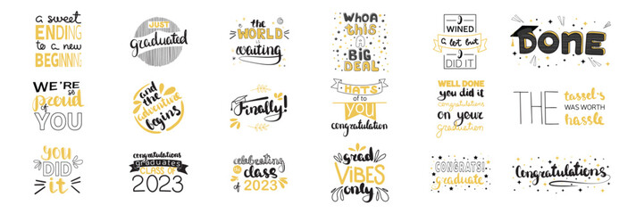 Collection of graduation quotes. Congrats graduates, class of 2023. Inspirational grad party quotes. Vector design icons for congratulation ceremony, invitation card, banner. College, school, academy 