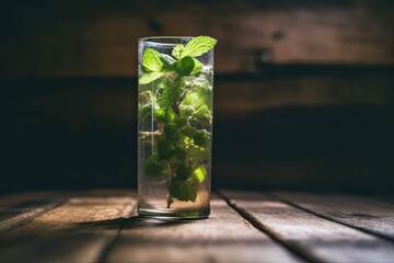 Sticker - glass of water with green leaves for a refreshing drink. Generative AI