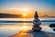 © drimerz - stack of stones on the beach, sunset background, generative ai