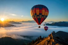 Hot Air Balloon At Sunset, Mountain Landscape Background, Generative Ai