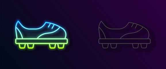 Glowing neon line Football shoes icon isolated on black background. Soccer boots. Sport football foot protection. Vector