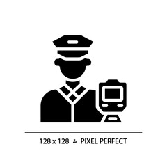 Sticker - Train driver pixel perfect black glyph icon. Railroad occupation. Rail crew. Locomotive operator. Public transport. Silhouette symbol on white space. Solid pictogram. Vector isolated illustration