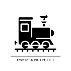 Sticker - Steam locomotive pixel perfect black glyph icon. Rail vehicle. Retro train. Railway transport. Industrial revolution. Silhouette symbol on white space. Solid pictogram. Vector isolated illustration