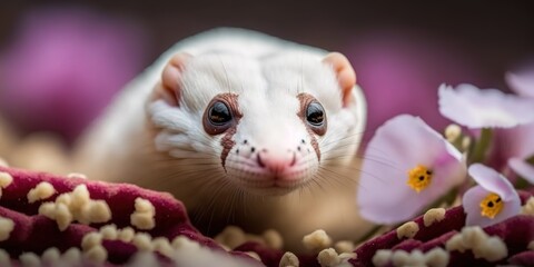 Wall Mural - White ermine on rose petals, captured with selective focus. Generative AI