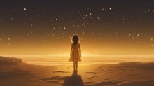 A Child Looking At The Stars On The Beach, In The Style Of Light Amber And Gold , Generative AI	