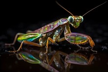 Capture A Breathtaking Image Of A Beautiful Praying Mantis Resting On A Reflective Surface. Made With Generative AI