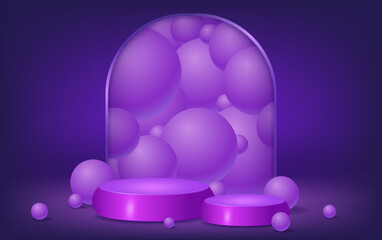 Wall Mural - Abstract room with purple pedestal podium, arch shape and balls