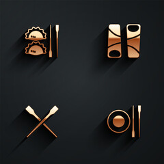 Set Dumpling with chopsticks, Guotie, Food and plate icon with long shadow. Vector