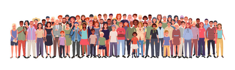 Multiethnic group of people isolated on white background. Young, adults and seniors.  Children and teenagers stand together. Vector illustration of men and women of different nationalities and ages.
