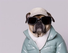 Portrait Of Human Like Bull Dog With Sunglasses And Fashionable Dressing