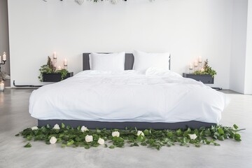 Poster - cozy bed with white sheets and flower petals scattered on the floor. Generative AI