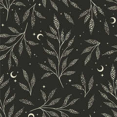 Wall Mural - magic seamless vector pattern with plants and stars. boho pattern for astrology, textiles, wrapping 