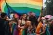 © ChaoticMind - Raining onto a lgtbq gay pride rainbow flag, gay and lesbians, group people mans and womens, laughing and having fun at a festival Generative AI