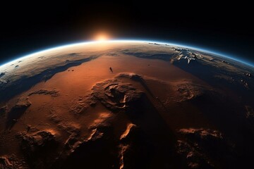 360° view of Mars from space with a beautiful sunrise. Optimal for study & extraterrestrial exploration. Generative AI
