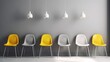 Un alignement de chaises jaunes, grises et blanches dans le cadre d'un recrutement suite à une offre d'emploi