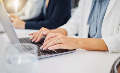 Poster - Laptop, hands of business woman in office for research, planning and email. Website, online report and technology with closeup of female employee typing in meeting for idea, internet and digital