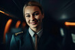 © Dangubic - A fictional person. Smiling Stewardess on Airplane