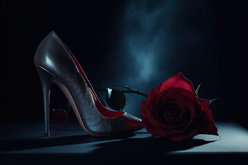 Canvas Print - Black tango shoes, high heel stilettos on a black background decorated with rose flower. Dark cyan and red background, AI generative.