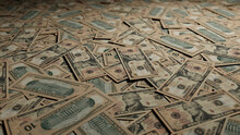 Ten Dollar Bills. Investment Concept Background With Scattered Money.