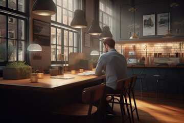 Freelancer male programmer working online on cafe with computer in start-up company,  man workong typing on laptop, remote workplace. AI Generative.