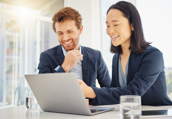 Sticker - Business man, woman and laptop for discussion, reading and planning with web research in office. Japanese businesswoman, businessman and computer for diversity, teamwork or collaboration at meeting