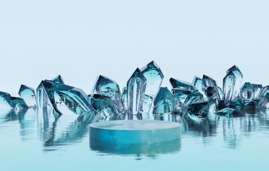 Wall Mural - 3d render platform background and empty round stage, Ice podium on the sea backdrop crystal glass in winter for product display design, advertising, skincare or etc