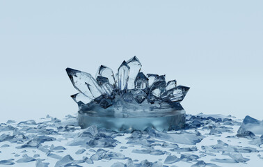 Wall Mural - Abstract 3d render platform background, crystal glass podium on the stone glass ground in winter for product display design, advertising, skincare or etc