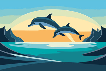 Wall Mural - Dolphin jumping out of the water. Dolphin vector illustration. Dolphin cartoon style.