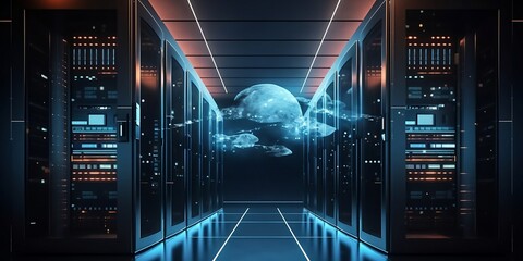 Big data center technology warehouse with servers information digitalization Starts. SAAS, Cloud Computing, Web Service. AI digital illustration.
