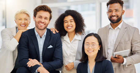 Teamwork, happy and portrait of business people in office with confidence, pride and motivation. Professional, diversity and group of men and women smile for success, company mission and happiness