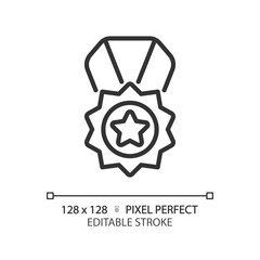 Poster - Medal pixel perfect linear icon. Reward for high quality service. Product rating performance. Best service. Thin line illustration. Contour symbol. Vector outline drawing. Editable stroke