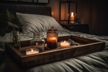 A Wooden Tray On The Bed With Scented Candles Filled The Room With Fragrance. Generative AI