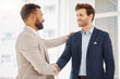 Partnership hand shake, happy man or business people agreement for investment, b2b contract deal or merger success. Thank you, recruitment handshake or person with job interview, hiring HR or welcome