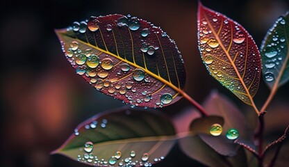 Wall Mural - dew-covered multicolored leaves in a selective focus photo generative ai