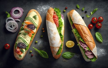 Wall Mural - On a stone platter are three baguette sandwiches filled with different ingredients. Generative AI