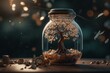 Coins in glass jar with a tree shaped ornament next to it that symbolizes prosperity and abundance. Generative AI