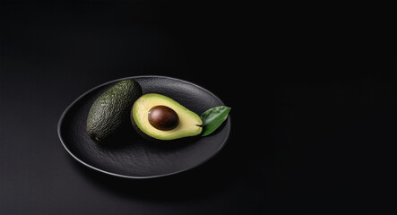 Wall Mural - black plate with avocado on black background. Created with Generative AI