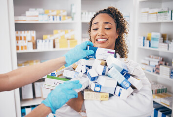 Sticker - Pills, stock stress and woman pharmacist with medicine box, retail and supplements in a pharmacy with chaos. Healthcare, wellness and shop worker doing inventory for medication sales with anxiety