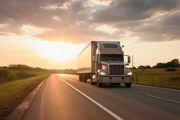 Truck with container on highway, cargo transportation, generative ai