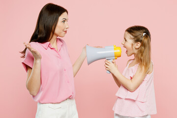 Wall Mural - Happy woman wear casual clothes with child kid girl 6-7 years old. Mother daughter hold megaphone scream announces discounts sale Hurry up isolated on plain pink background. Family parent day concept.