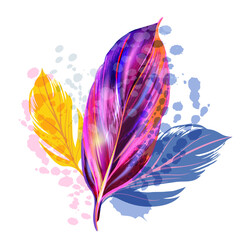 Wall Mural - Beautiful illustration with vector tropical pink purple palm leaf in watercolor style