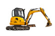 © Anoo - Small or mini yellow excavator isolated on white background. Construction equipment for earthworks in cramped conditions. Rental of construction equipment.